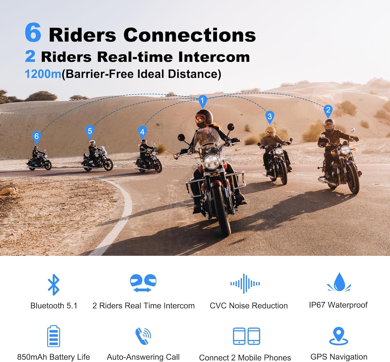 EJEAS V6 Pro Motorcycle Bluetooth Headset, high quality 2 Riders Intercom Bluetooth 5.1 Helme