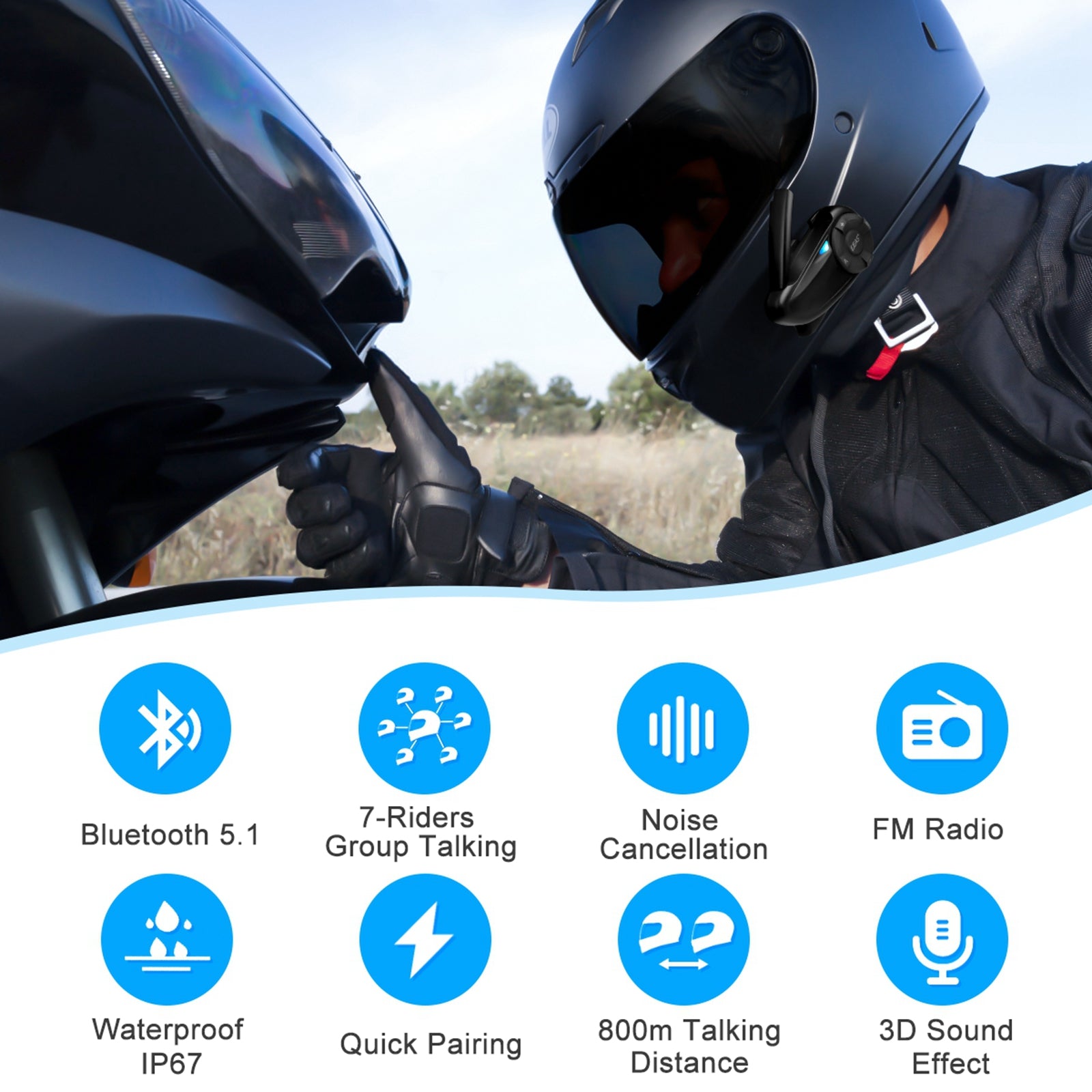 Q7 Motorcycle Helmet Bluetooth 5.0 Intercom - Waterproof, FM